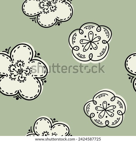 Floral graphic scribble design. Seamless pattern. Abstract minimal flower. Beautiful floral background. Vector art illustration for textile, wallpaper. Hand-drawn with a black brush. Handwriting.