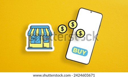 Payments to online store concept. Online payments in applications. Store in a smartphone. Shopping, e-commerce. Ordering products online. Collage with picture of shop and smartphone with coins