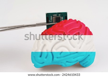 On a white background, a model of the brain with a picture of a flag - Luxembourg, a microcircuit, a processor, is implanted into it. Close-up