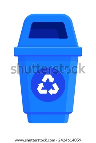 Flat illustration featuring a blue recycling bin with a recycle symbol on the front and an open lid for easy disposal of recyclable items. Concept of recycling and waste management. Royalty-Free Stock Photo #2424614059