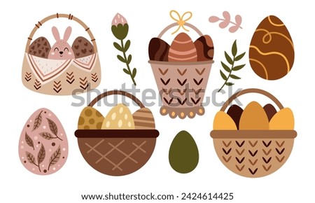 Boho Easter egg and Easter  basket clipart set. Happy Easter clip art in flat style. Easter decor. Hand drawn vector illustration.