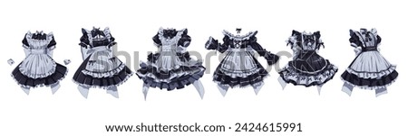 Maid cafe uniforms color vector illustration set. Anime women characters clothes for job in restaurant on white background. Japanese manga Royalty-Free Stock Photo #2424615991