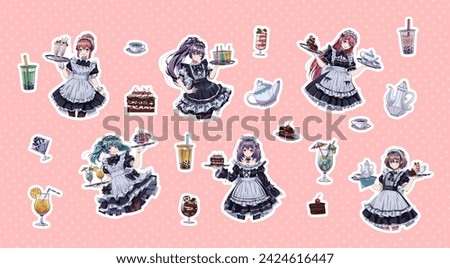 Cute girls in maid cafe uniforms crop body color vector characters set. Anime women holding desserts and drinks on trays on pink background Royalty-Free Stock Photo #2424616447