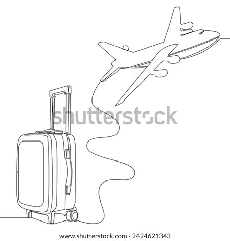 Continuous one single line drawing Suitcase and airplane Vacation with luggage and travel baggage icon vector illustration concept