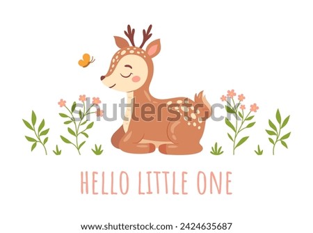 Cute hand drawn fawn with flowers and butterfly. Funny dreaming deer in cartoon style. Perfect for greeting card, poster, baby shower, invitation or print design. Vector illustration isolated on white