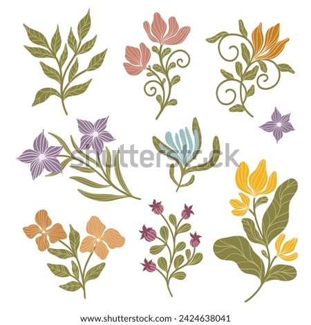 Clip art of a flowers in a simple style. Set of fantasy flowers in retro style, vintage, boho.