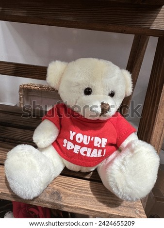 The image shows a teddy bear sitting on a chair. The teddy bear is red in color and appears to be made of plush fabric.