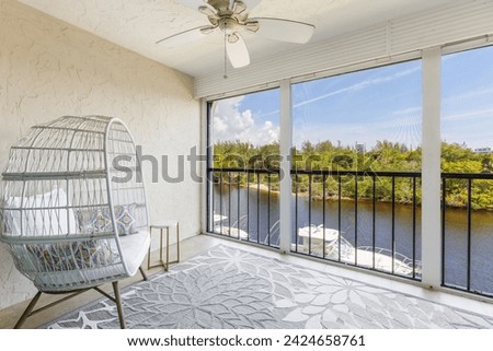 Contemporary Balcony Photoshoot located in Florida, USA. Showcasing modern architectural design and development. Beautiful clear Skyline, commercial area view with canals and beach.