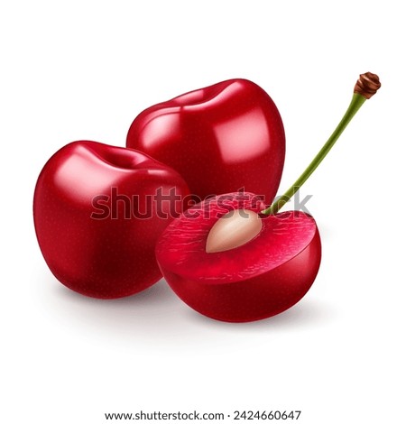 Ripe red sweet cherries with smooth skin, juicy light red flesh, and small pit on white Royalty-Free Stock Photo #2424660647