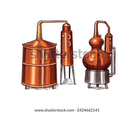Distilled alcohol. Device for preparing tequila, cognac and spirits. Engraved hand drawn vintage sketch. Woodcut style. Vector illustration for menu or poster. Royalty-Free Stock Photo #2424662141