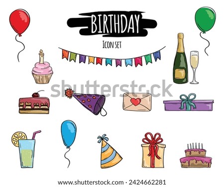 Vector hand drawn set of bright birthday icons: balloons, cake, gifts, drinks, champagne and others.