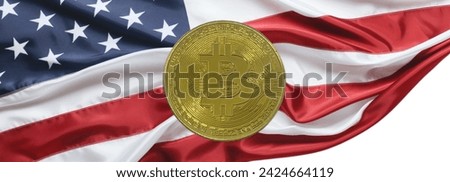 Closeup photo 21:9 of bitcoin coin against the background of the American flag. Banner for website, desktop wallpaper, copy space for text and advertising, blank, blank, white, free space