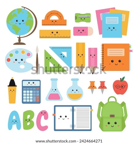 Collection of school supplies, stationary. Clipart icons of school supplies, stationery tools. Pencil, notebook, bag pack, globe, ruler. Clip art of school elements for student . Back to school.