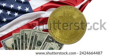 Closeup 21:9 of bitcoin coin and  fan of dollars against the background of American flag. Banner for website, desktop wallpaper, copy space for text and advertising, blank, blank, white, free space