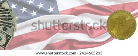 Background 21:9 of bitcoin coin and  fan of dollars against transparent American flag. Banner for website, desktop wallpaper, copy space for text and advertising, blank, blank, white, free space
