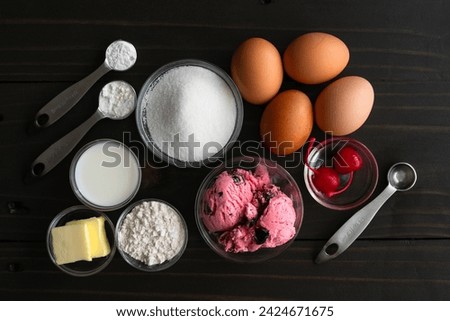 Ingredients to Make Miniature Versions of Baked Alaska: Ice cream, eggs, sugar, and ingredients to make sponge cake and meringue for mini desserts