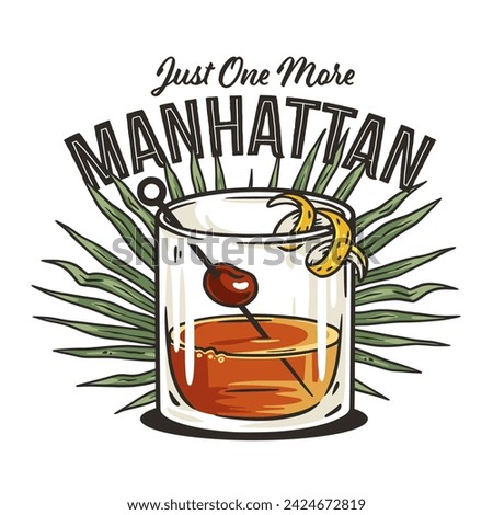 Manhattan cocktail, old fashioned with whiskey, vermouth and cherry for design of bar menu. Alcohol cocktail for drink party or tee print. Royalty-Free Stock Photo #2424672819