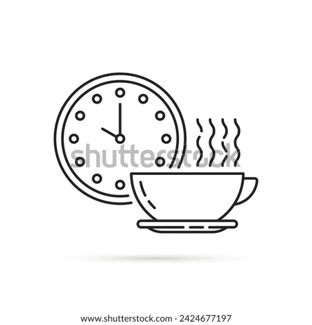 black thin line cup and clock icon like coffee time. concept of easy break at work or at home to drink a mug of coffe. lineart graphic banner design or abstract logotype element isolated on white