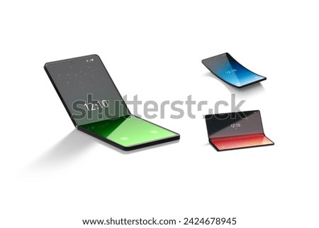 Turned on flexible clamshell phone display mockup, different views, 3d rendering. Empty colored splash screen on elastic gadget mock up, isolated. Clear half opened transform. 3D Illustration