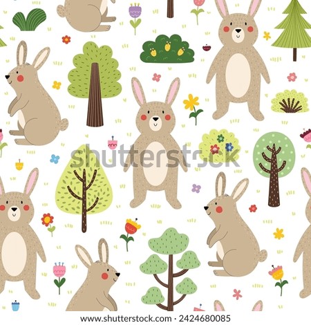 Cute rabbit in the forest seamless pattern. Funny hare woodland character in cartoon style. Forest animal background for kids. Vector illustration