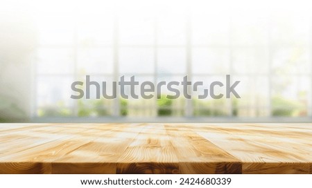 Empty table wooden behind is a window background, for your photo montage or product display, Space for placing items on the table Royalty-Free Stock Photo #2424680339