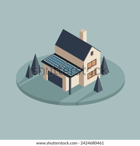 Isometric private house with solar panel. Eco friendly modern building in 3d view. Search for real estate, property for sale. Residential home property. Vector Illustration.