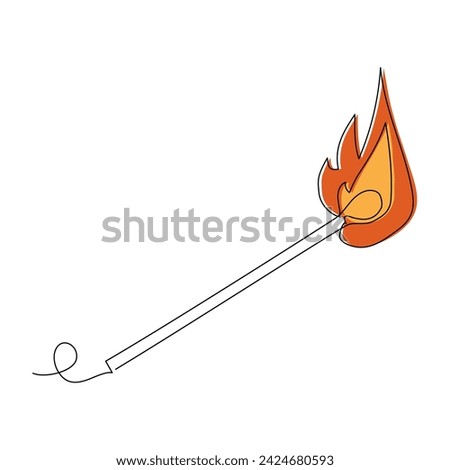Burning match in continuous one line art style. Simple vector illustration