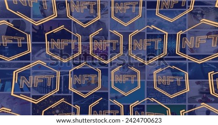 Image of nft in hexagons over diverse photos in background. digital resources and technology concept digitally generated image.
