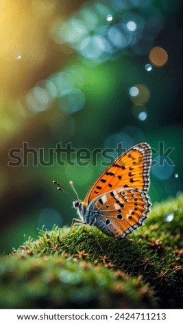 "Vibrant butterfly, wings ablaze with hues of orange and black, delicately poised on a flower, a fleeting moment of nature's elegance captured." Royalty-Free Stock Photo #2424711213