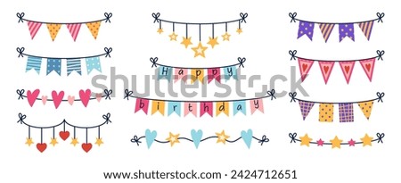 Holiday garland vector set. Colorful flags in different shapes hanging on a string. Textile decoration for a birthday, party, carnival, festival. Accessory with stars, hearts. Cartoon clipart for kids