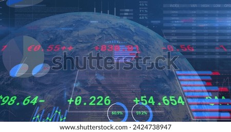Image of data processing over globe and blue background. Global business and digital interface concept digitally generated image.