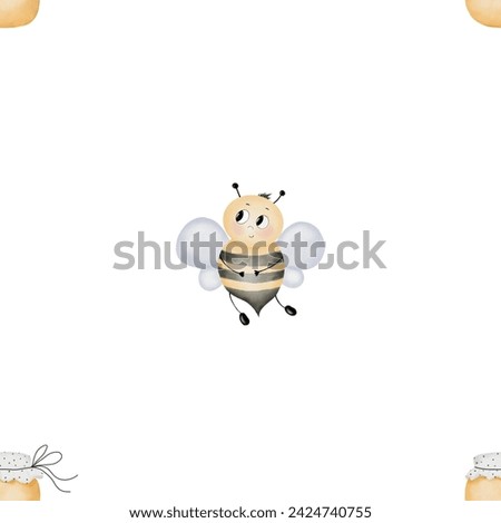 Bee cartoon watercolor watercolor pattern isolated on white background. Hand drawn drawing of a cute insect with a jar of honey. For printing on children's textiles and honey store packaging. Baby