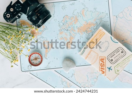 camera and world map images