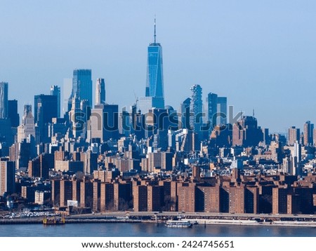 New York City skyline from Newtown Creek in Queens at the border between Brooklyn and Queens.