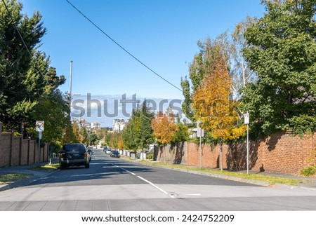 Background texture of an urban road with pedestrian sidewalk and car parking restriction signs on roadside. A street in the suburb of Melbourne VIC Australia. Copy space for your design.