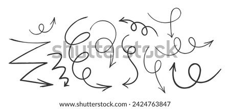 Playful Collection Of Hand-drawn Arrows, Featuring Various Styles Such As Curly, Straight, Zigzag, And Looped Elements Royalty-Free Stock Photo #2424763847