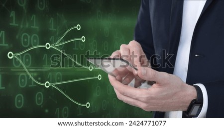 Image of hands of caucasian businessman using smartphone over connections and binary code. data processing, business and technology concept digitally generated image.