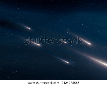 Meteor stream in the night sky. Fireballs glow in the upper atmosphere. Beautiful shooting stars on a dark background.