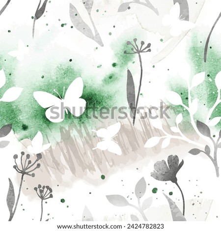 Spring vector watercolor  stylish seamless pattern with herbs, flowers and butterflies in gray and green colors. Nature design for textile print, page fill, wrapping paper, web