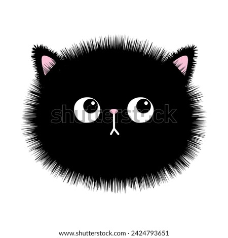 Black fluffy fur cat round sad face head silhouette icon. Cute cartoon funny baby pet character. Funny kawaii doodle animal. Sticker print. Flat design. White background. Isolated. Vector illustration