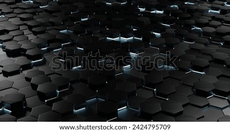 Black blue hexagons background pattern 3D rendering. sci-fi background