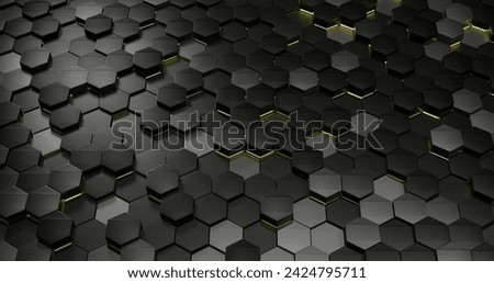 Black yellow hexagons background pattern 3D rendering. sci-fi background