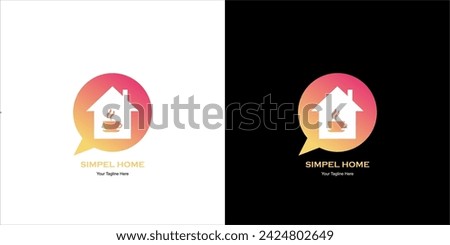 simple house logo with yellow and pink gradient colors in the middle there is a picture of a cup of coffee on a black and white background