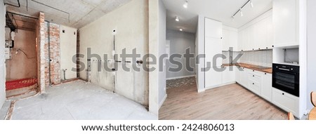 Photo collage of apartment before and after restoration or refurbishment. Comparison of old room and new kitchen with parquet floor, doorway, kitchen counter and white walls. Home renovation concept. Royalty-Free Stock Photo #2424806013