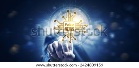Man touching an AI chip with fake news, AI-generated fake news concept Royalty-Free Stock Photo #2424809159