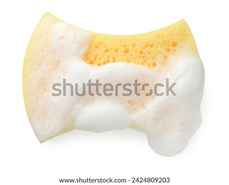 Yellow sponge with foam isolated on white, top view