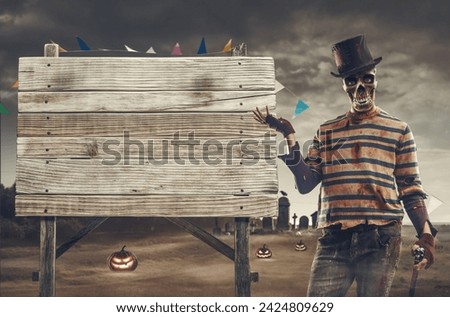 Horror Halloween skeleton character with top hat and old wooden sign with copy space