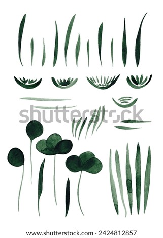 A set of green watercolor strokes and elements imitating blades of grass and plants. Clip art for your design