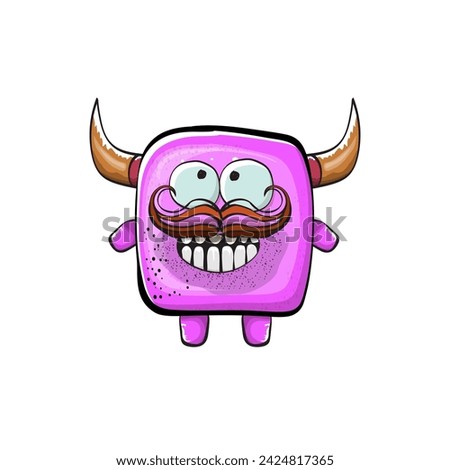 Vector cartoon funny pink monster with horn isolated on white background. Smiling silly pink monster print sticker design template. Ghost, troll, gremlin, goblin, devil and monster