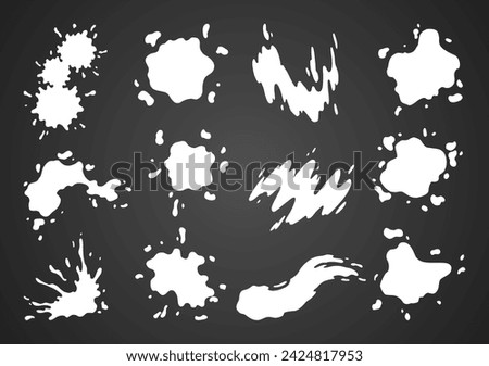 Paint blot icon set. Splashes set for design use. Colorful grunge shapes collection. Dirty stains and silhouettes. White ink splashes on dark background